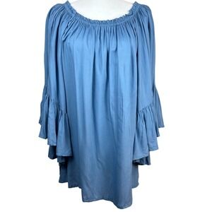 Elan Beach Women Sky Blue Off Shoulder Flowy Ruffle Bell Sleeve Top/Mini Dress